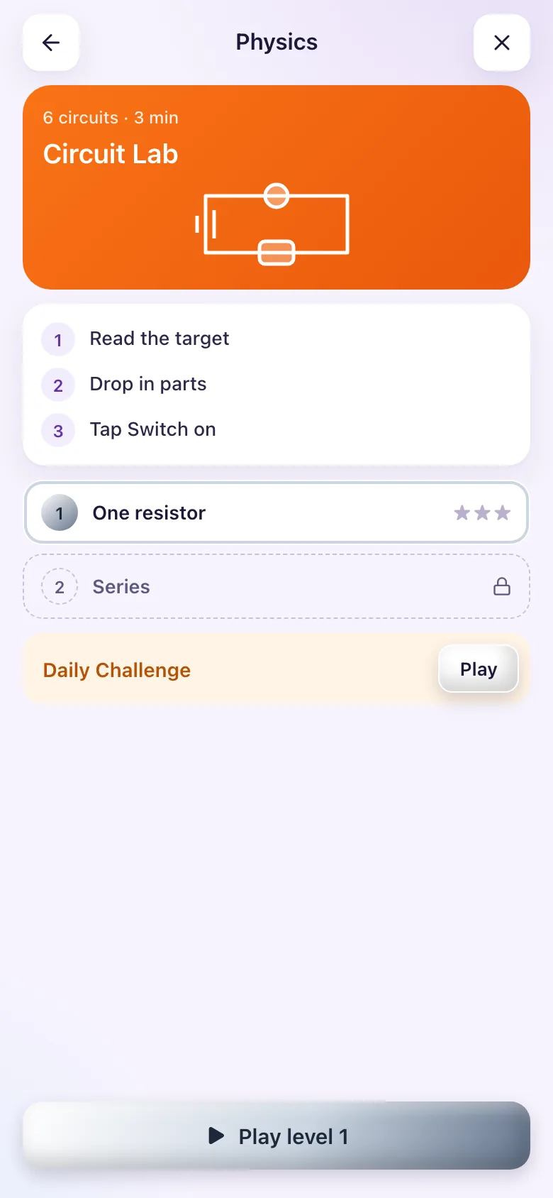 Start screen: three steps and the levels.