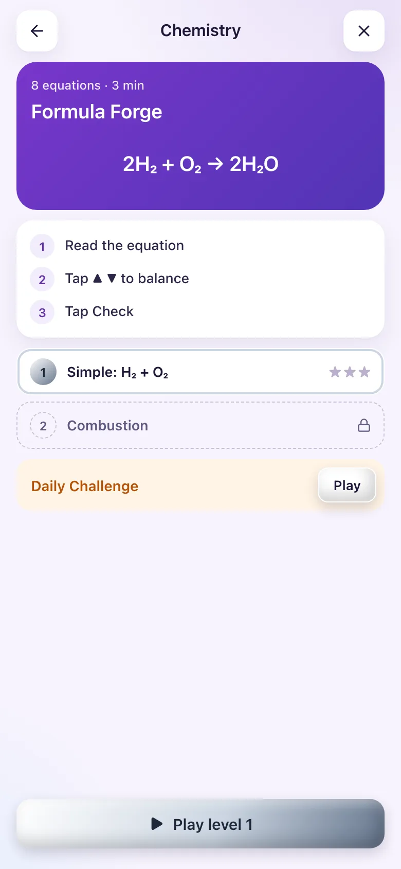 Start screen: three steps and the levels.