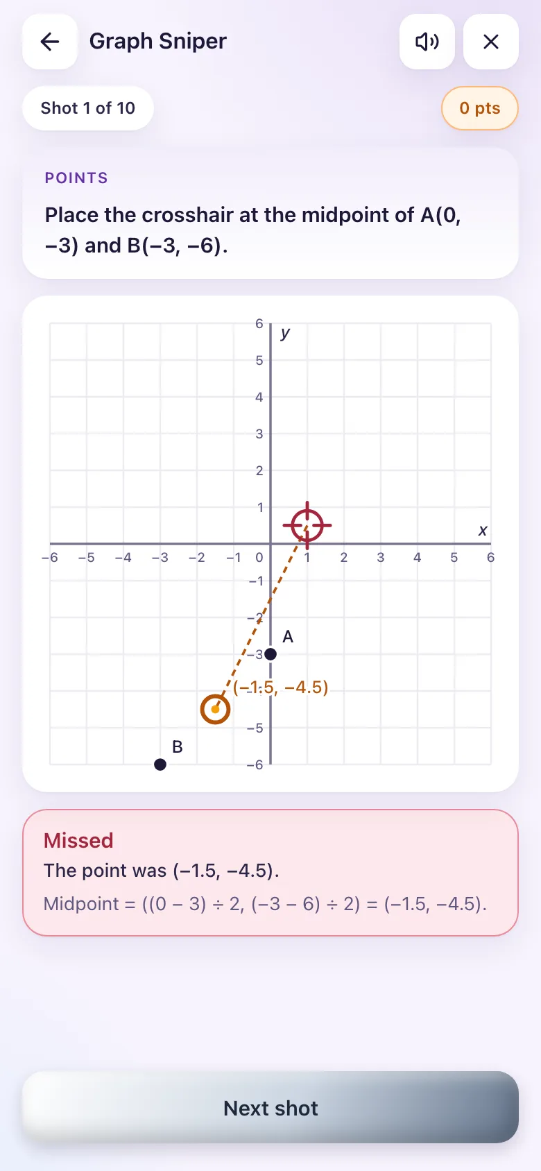 A miss: the game draws a line to where the target was.