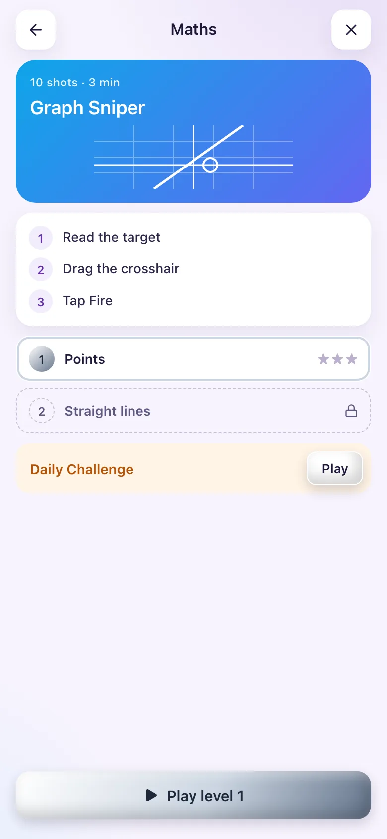 Start screen: three steps and the levels.