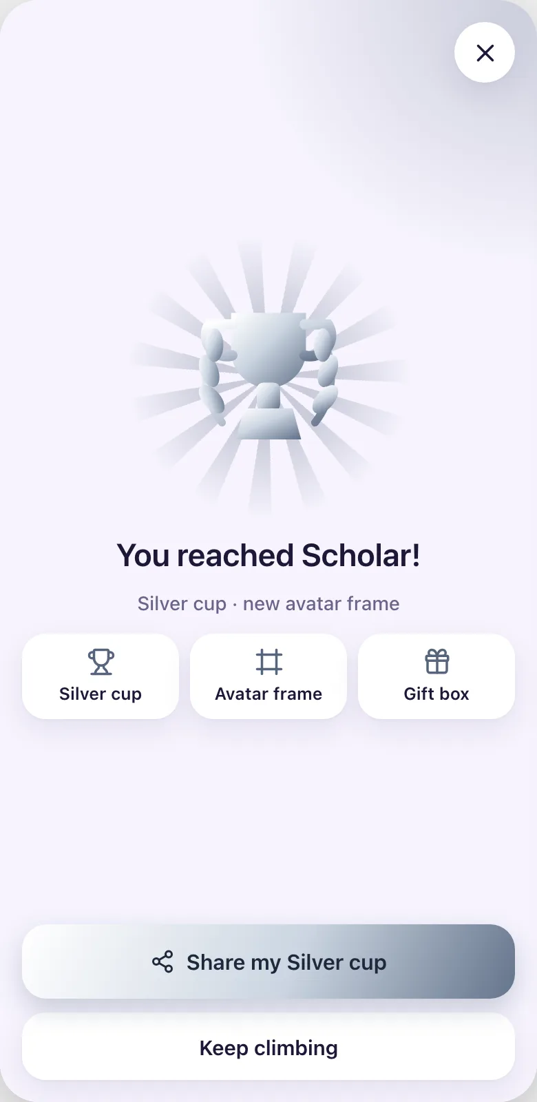 Reaching a new stage: its trophy, avatar frame and gift box.