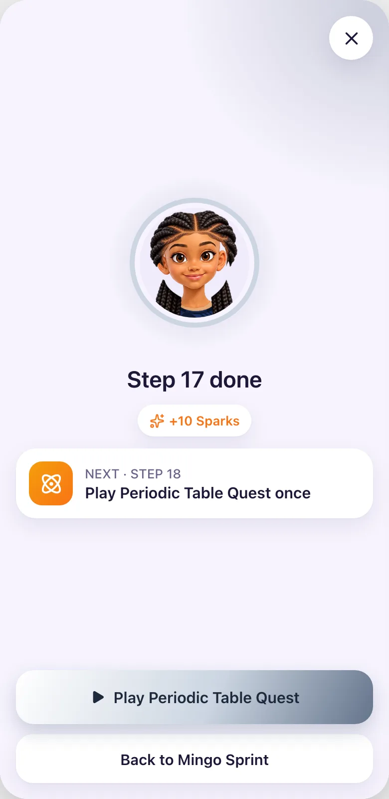 A finished step: +10 Sparks and the next goal.