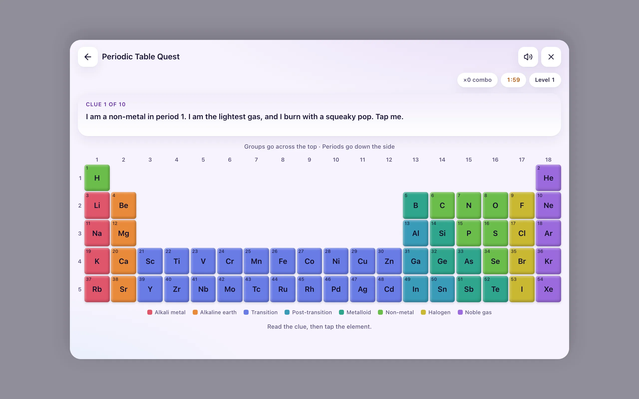 Periodic Table Quest on a computer: the whole table fits on screen.