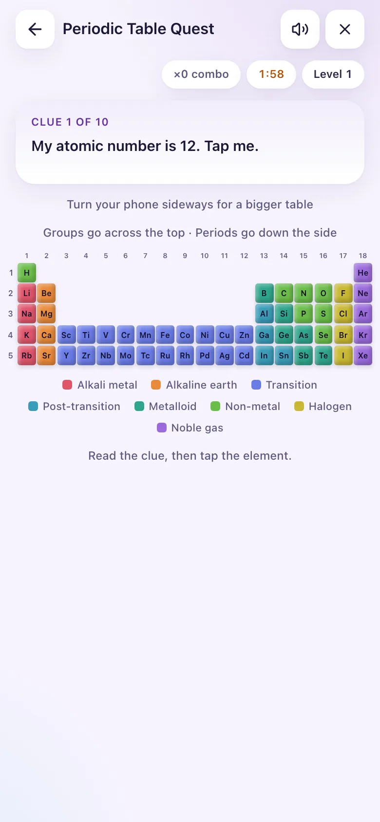 A clue, and the colour-coded table to tap.