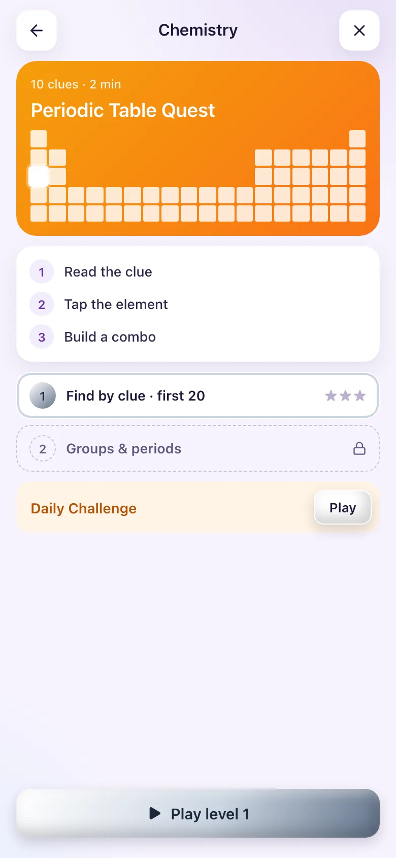 Start screen: three steps and the levels.