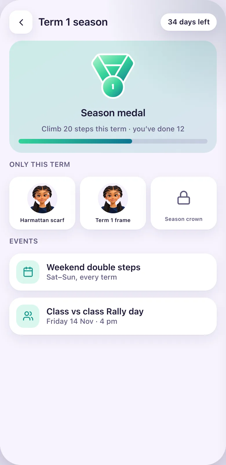 The season screen: steps so far and the earn-only items.