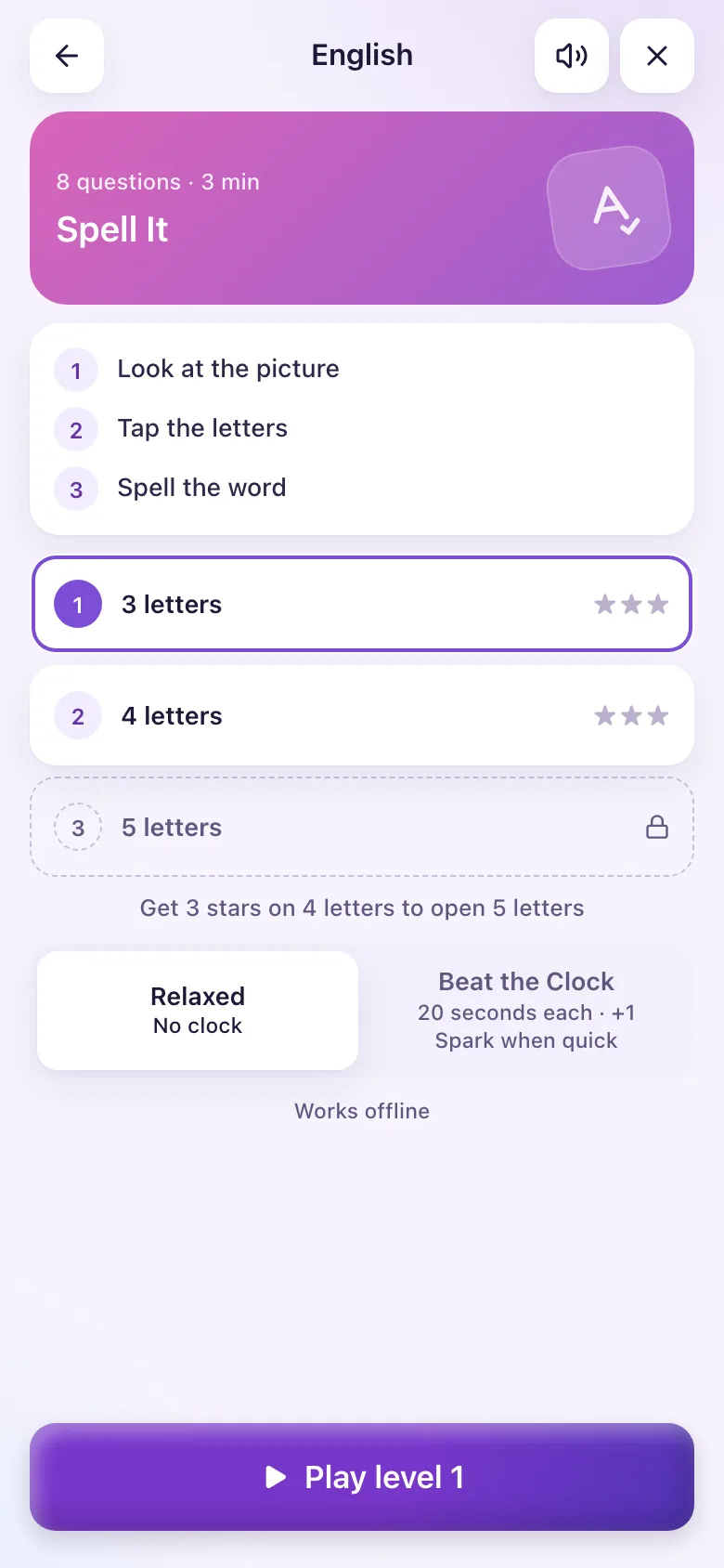 Start screen with the word-length levels.