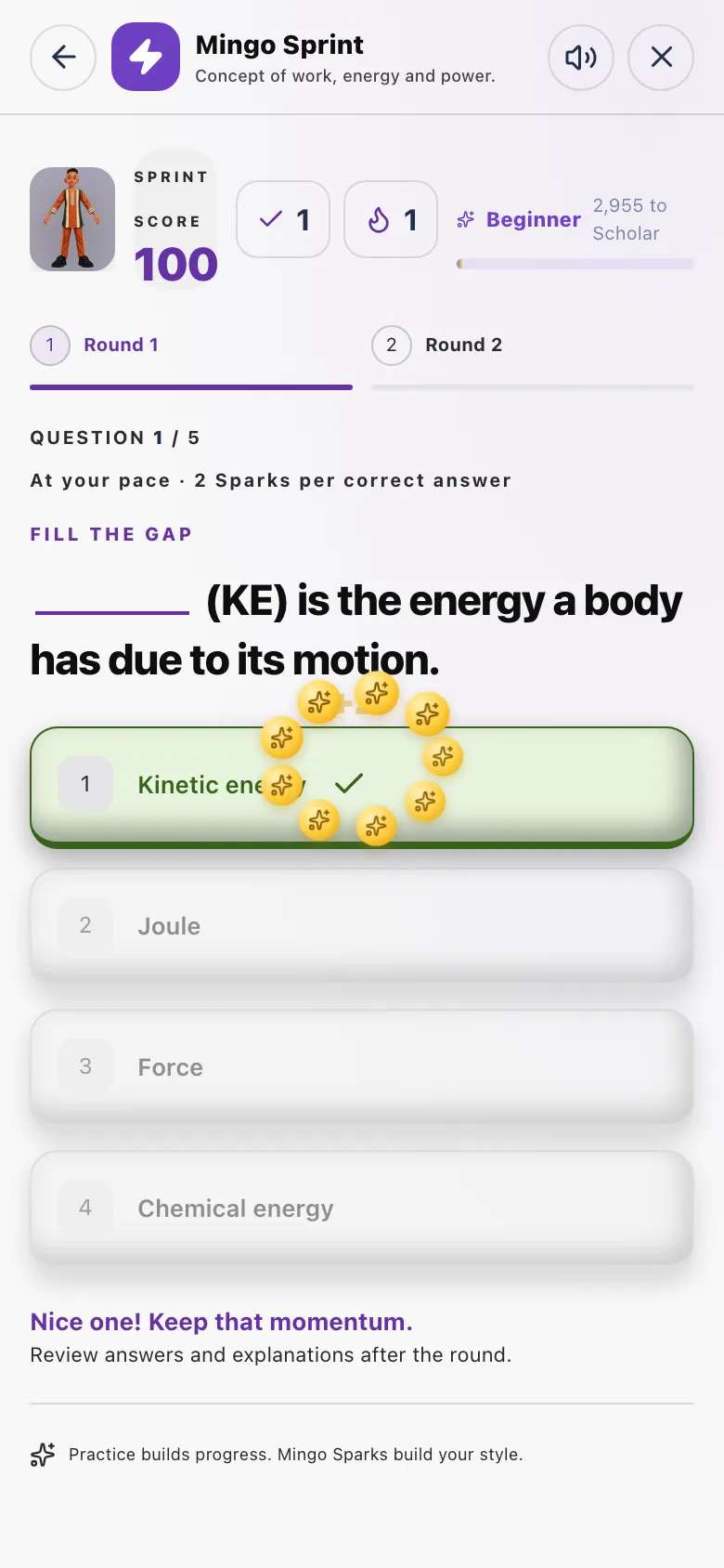 Each right answer earns Sparks.