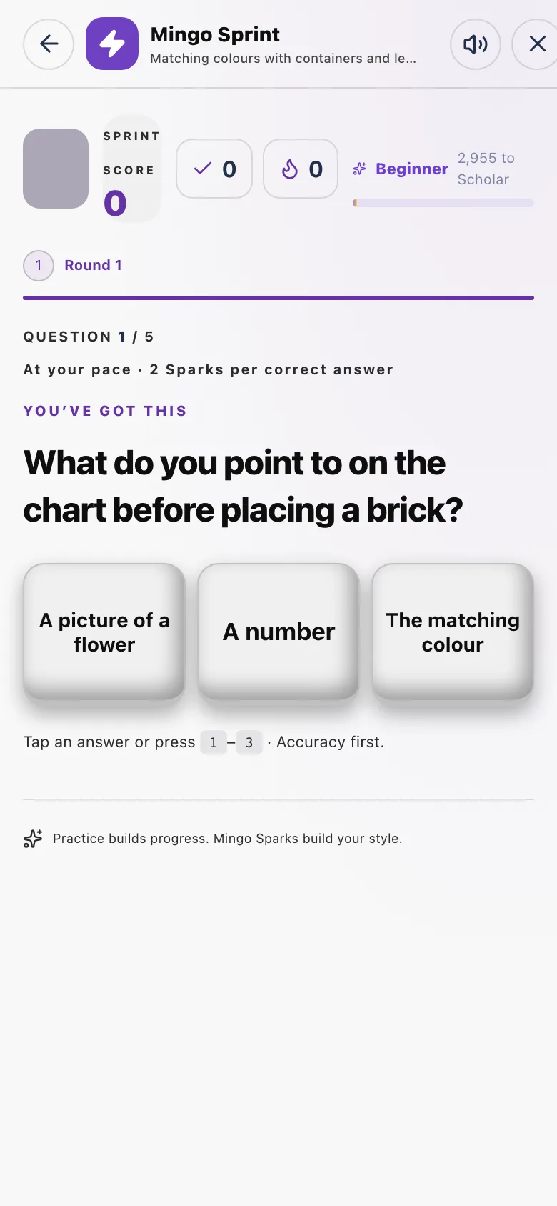 Basic 1 to 3: one round, big answer cards.