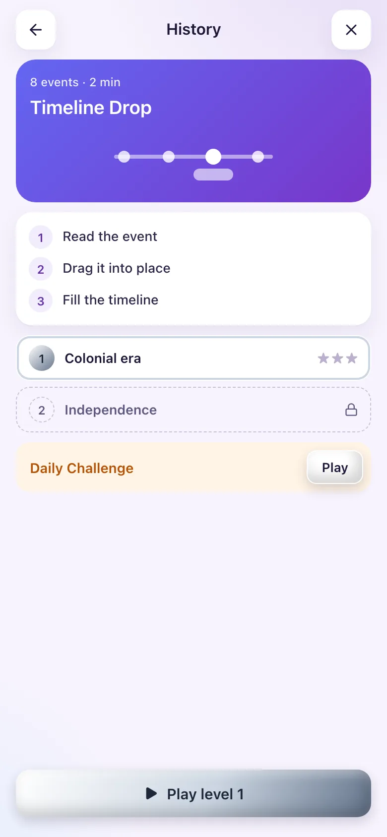 Start screen: three steps and the levels.