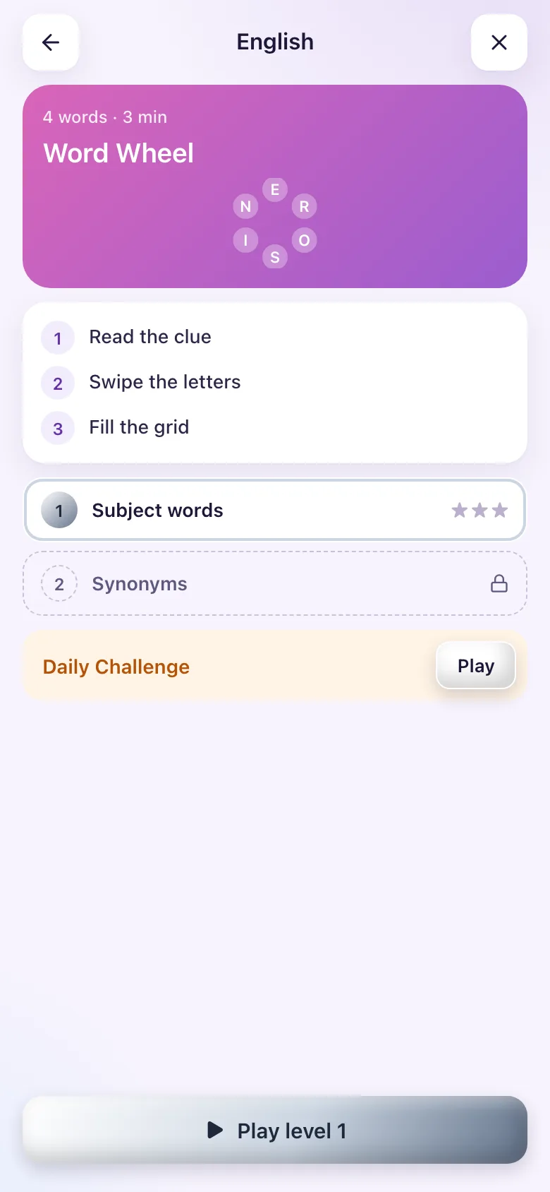 Start screen: three steps and the levels.